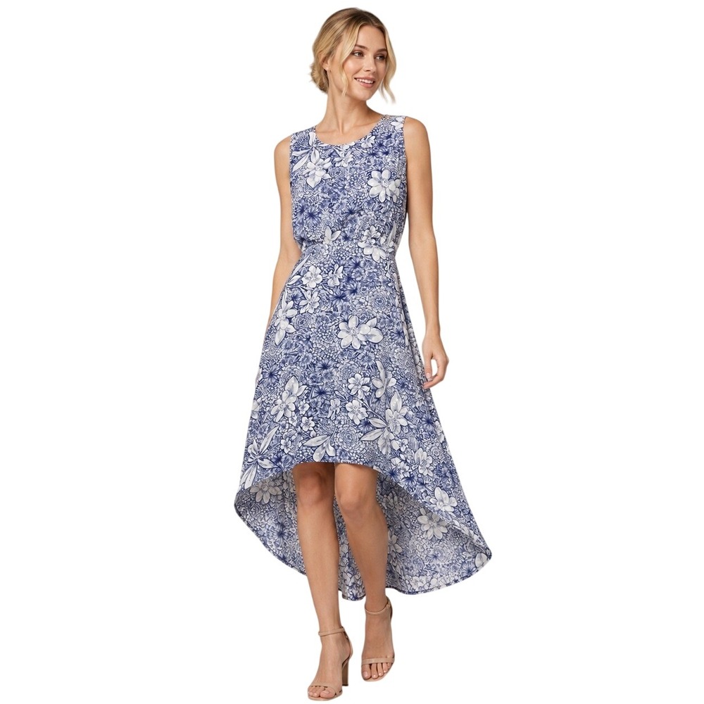 Taylor Petite Blue Ecru Botanical Print High Low Dress Sleeveless Size 10P